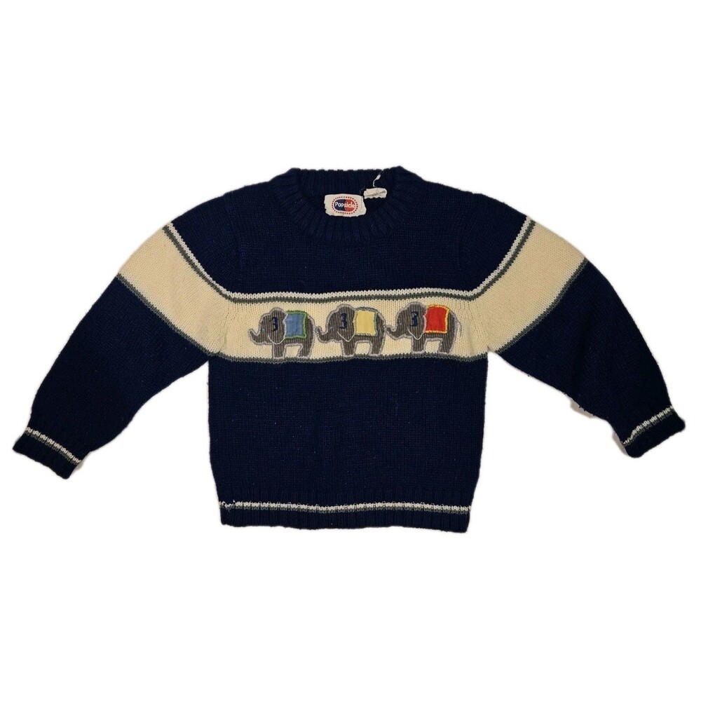 VTG Popsicle Brand Boys Three Elephants Striped Navy Blue Knit Sweater, Size 3T